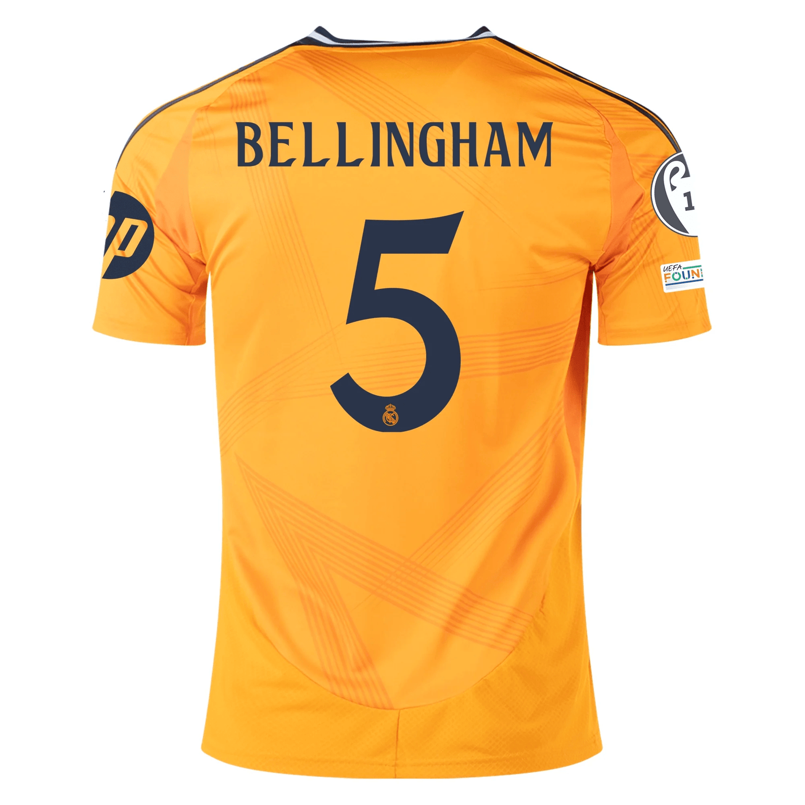 adidas Real Madrid Jude Bellingham Away Jersey w/ Champions League Patches 24/25 (Crew Orange) | SoccerWearhouse