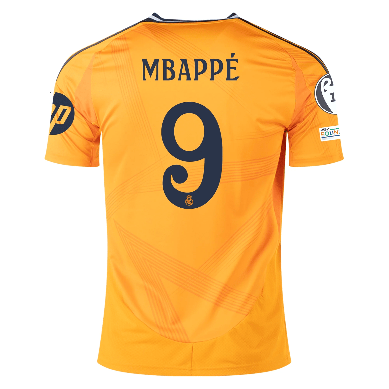 adidas Real Madrid Kylian Mbappe Away Jersey w/ Champions League Patches 24/25 (Crew Orange) | SoccerWearhouse