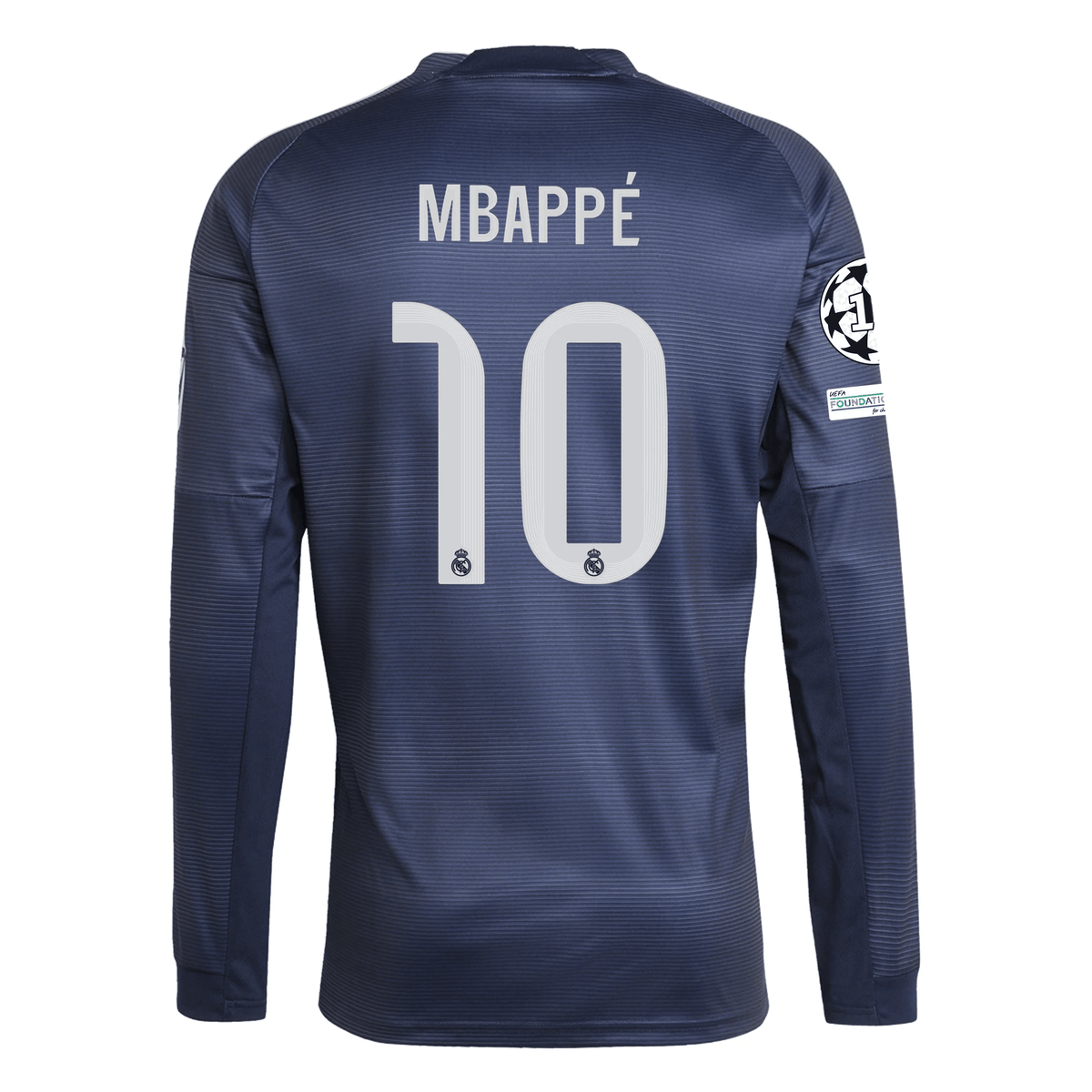adidas Real Madrid Kylian Mbappe Long Sleeve Away Jersey w/ Champions League Patches 25/26 (Legend Ink) | SoccerWearhouse