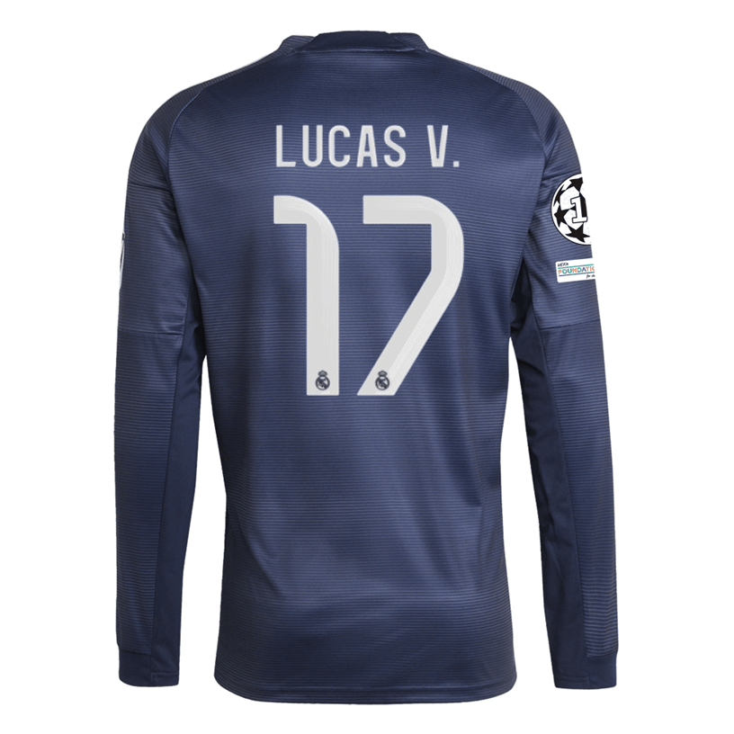 adidas Real Madrid Lucas V. Long Sleeve Away Jersey w/ Champions League Patches 25/26 (Legend Ink) | SoccerWearhouse