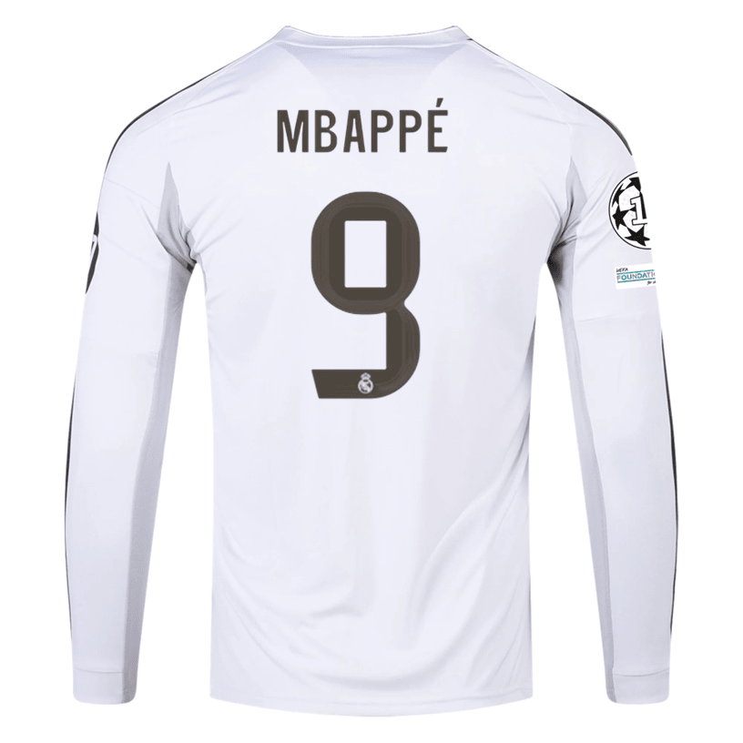 adidas Real Madrid Mbappe Long Sleeve Home Jersey w/ Intercontinental + Champions League Patches 25/26 (White) | SoccerWearhouse