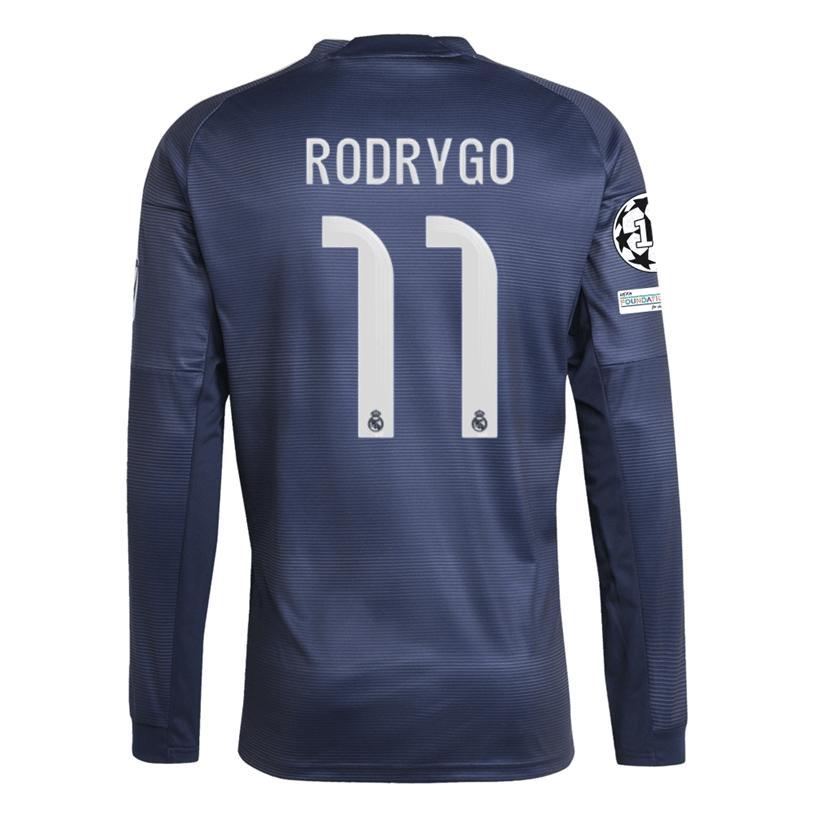 adidas Real Madrid Rodrygo Long Sleeve Away Jersey w/ Champions League Patches 25/26 (Legend Ink) | SoccerWearhouse