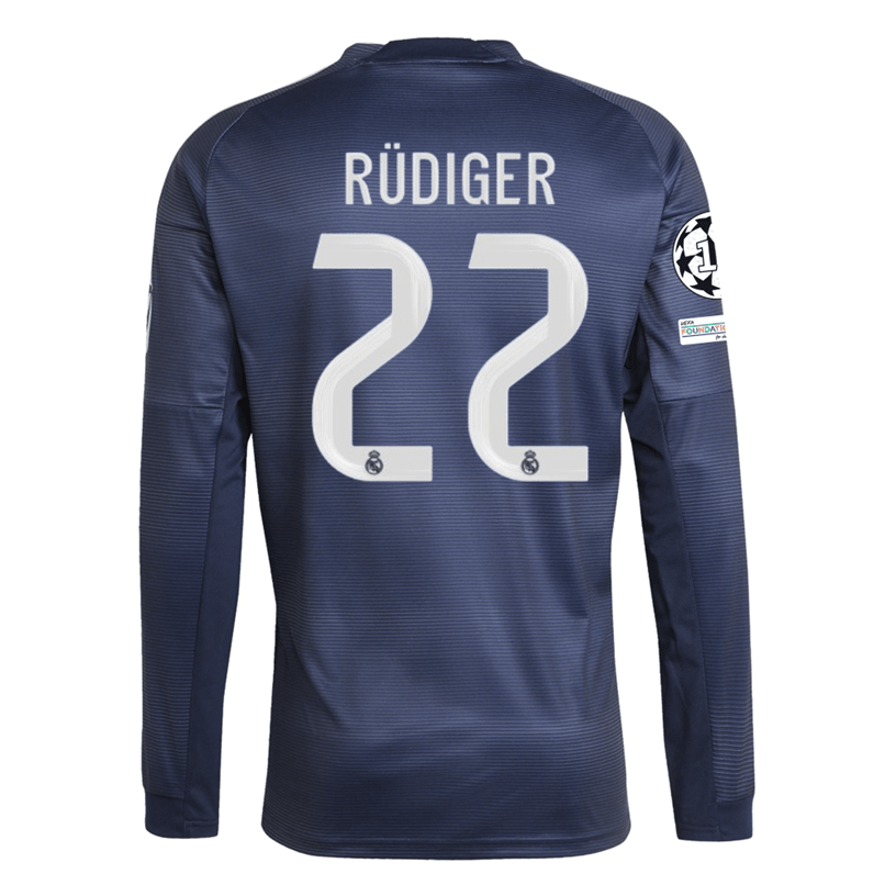 adidas Real Madrid Rudiger Long Sleeve Away Jersey w/ Champions League Patches 25/26 (Legend Ink) | SoccerWearhouse