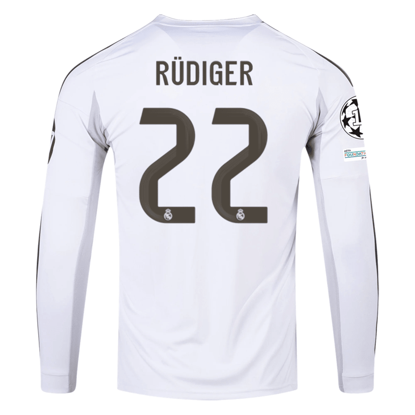 adidas Real Madrid Rudiger Long Sleeve Home Jersey w/ Intercontinental + Champions League Patches 25/26 (White) | SoccerWearhouse