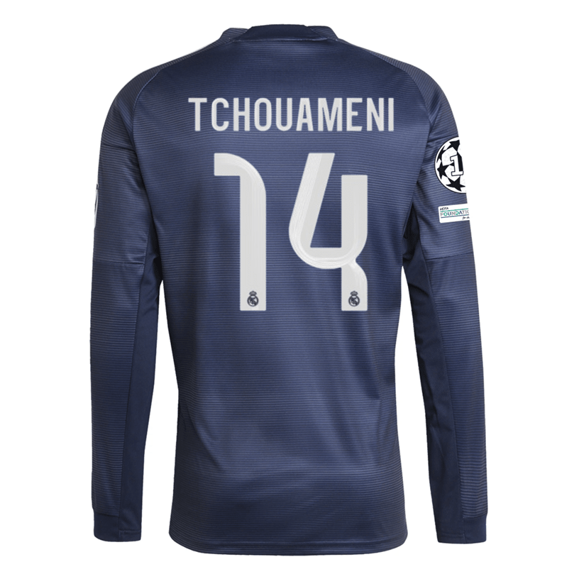 adidas Real Madrid Tchouameni Long Sleeve Away Jersey w/ Champions League Patches 25/26 (Legend Ink) | SoccerWearhouse