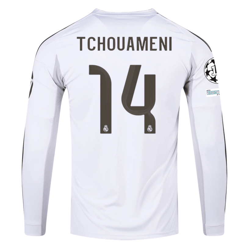 adidas Real Madrid Tchouameni Long Sleeve Home Jersey w/ Intercontinental + Champions League Patches 25/26 (White) | SoccerWearhouse