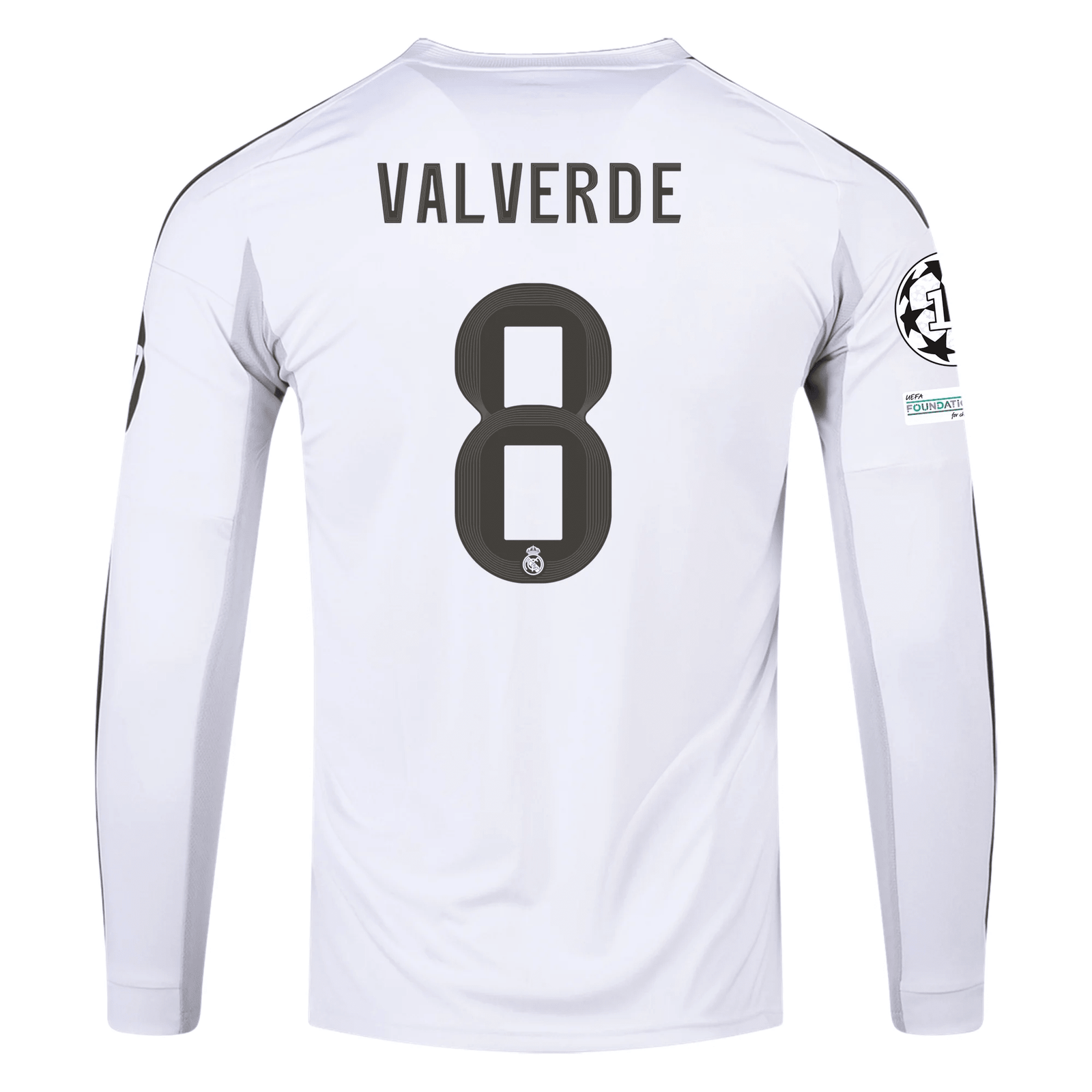 adidas Real Madrid Valverde Long Sleeve Home Jersey w/ Intercontinental + Champions League Patches 25/26 (White) | SoccerWearhouse