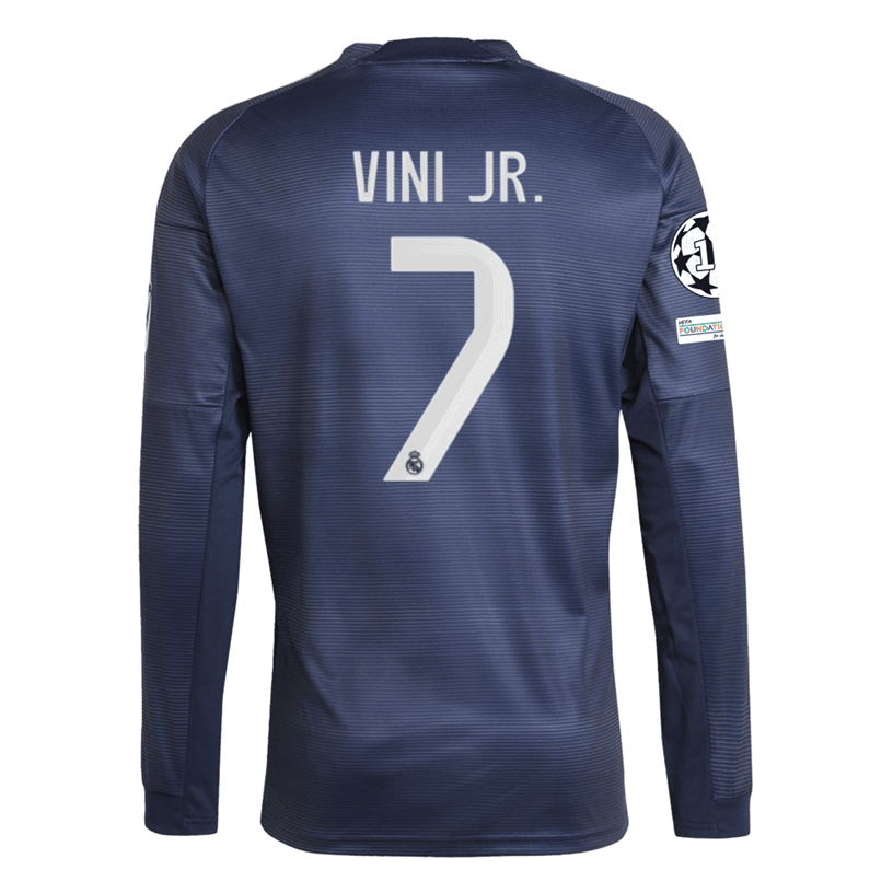 adidas Real Madrid Vini Jr. Long Sleeve Away Jersey w/ Champions League Patches 25/26 (Legend Ink) | SoccerWearhouse