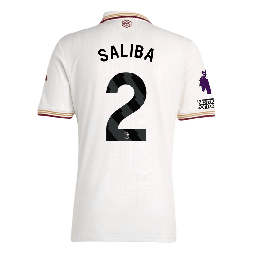 adidas Saliba Men's Arsenal FC Third Jersey 25/26 w/ NRFR + EPL Patches (White/Burgundy) | SoccerWearhouse