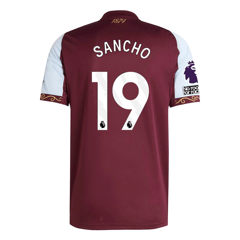 adidas Sancho Men's Aston Villa Home Jersey 25/26 w/ NRFR + EPL Patches (Maroon/Blue) | SoccerWearhouse