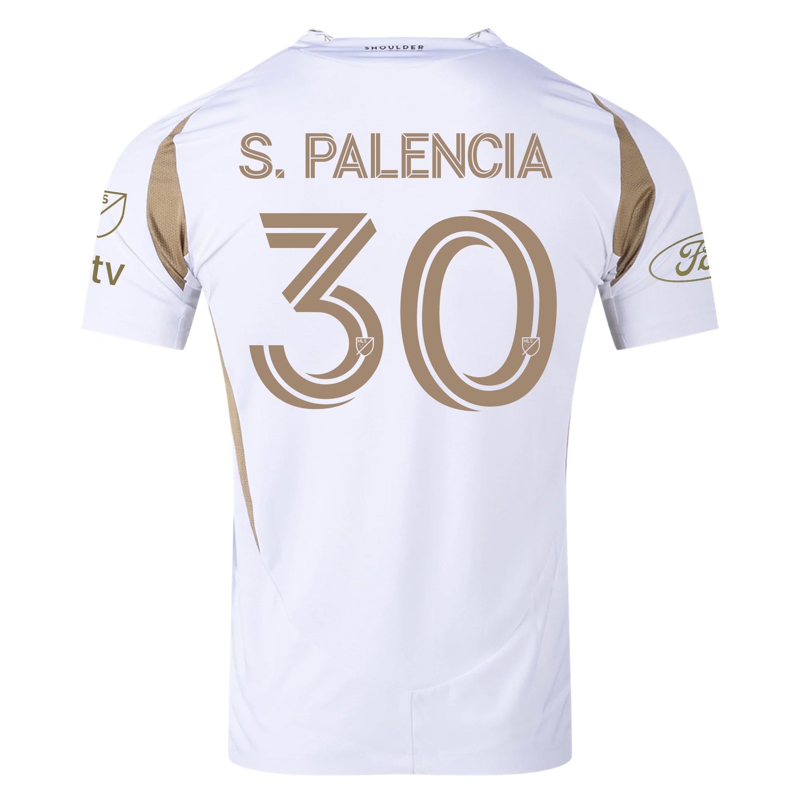 adidas Sergi Palencia LAFC Authentic Away Jersey w/ MLS + Apple + Ford Logo 25/26 (White/Gold) | SoccerWearhouse