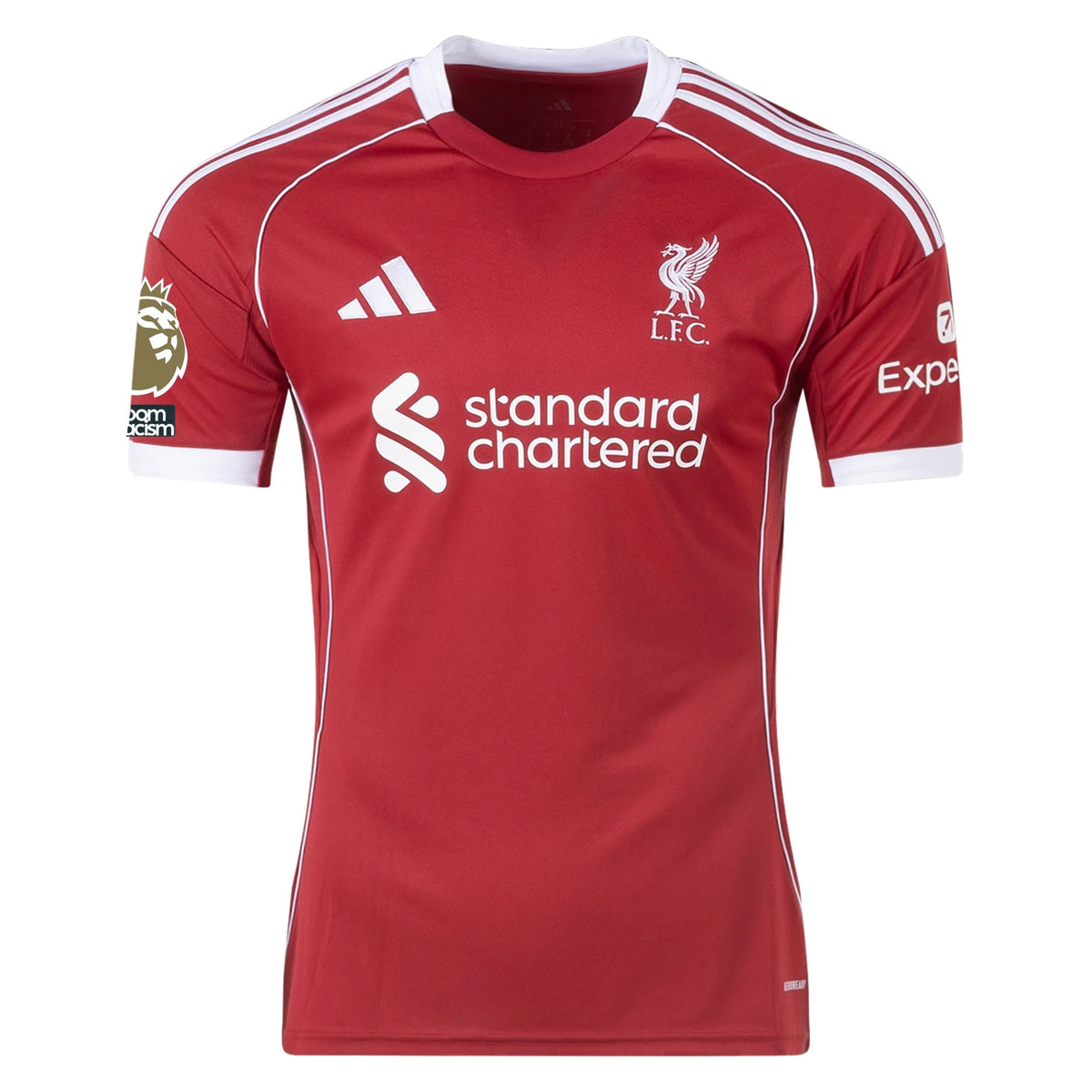 adidas Tsimikas Men's Liverpool Home Jersey 25/26 w/ NRFR + EPL Champions Patch (Strawberry Red) | SoccerWearhouse