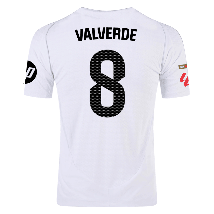 adidas Valverde Real Madrid Authentic Home Jersey w/ La Liga Patches 24/25 (White/Black) | SoccerWearhouse