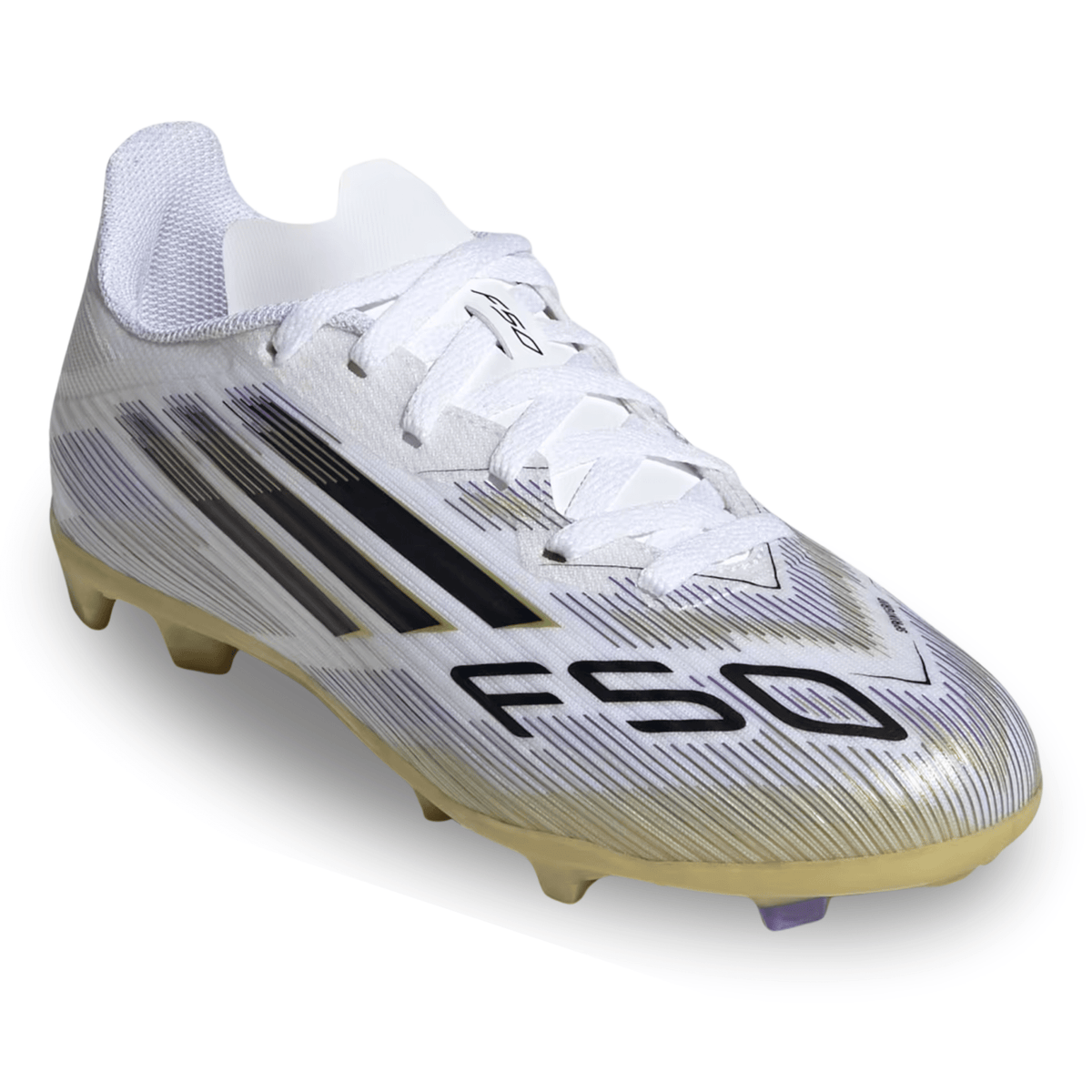 adidas Youth F50 League Firm Ground Multi Ground Jr. Soccer Cleats (White/Black/Gold Metallic) | SoccerWearhouse