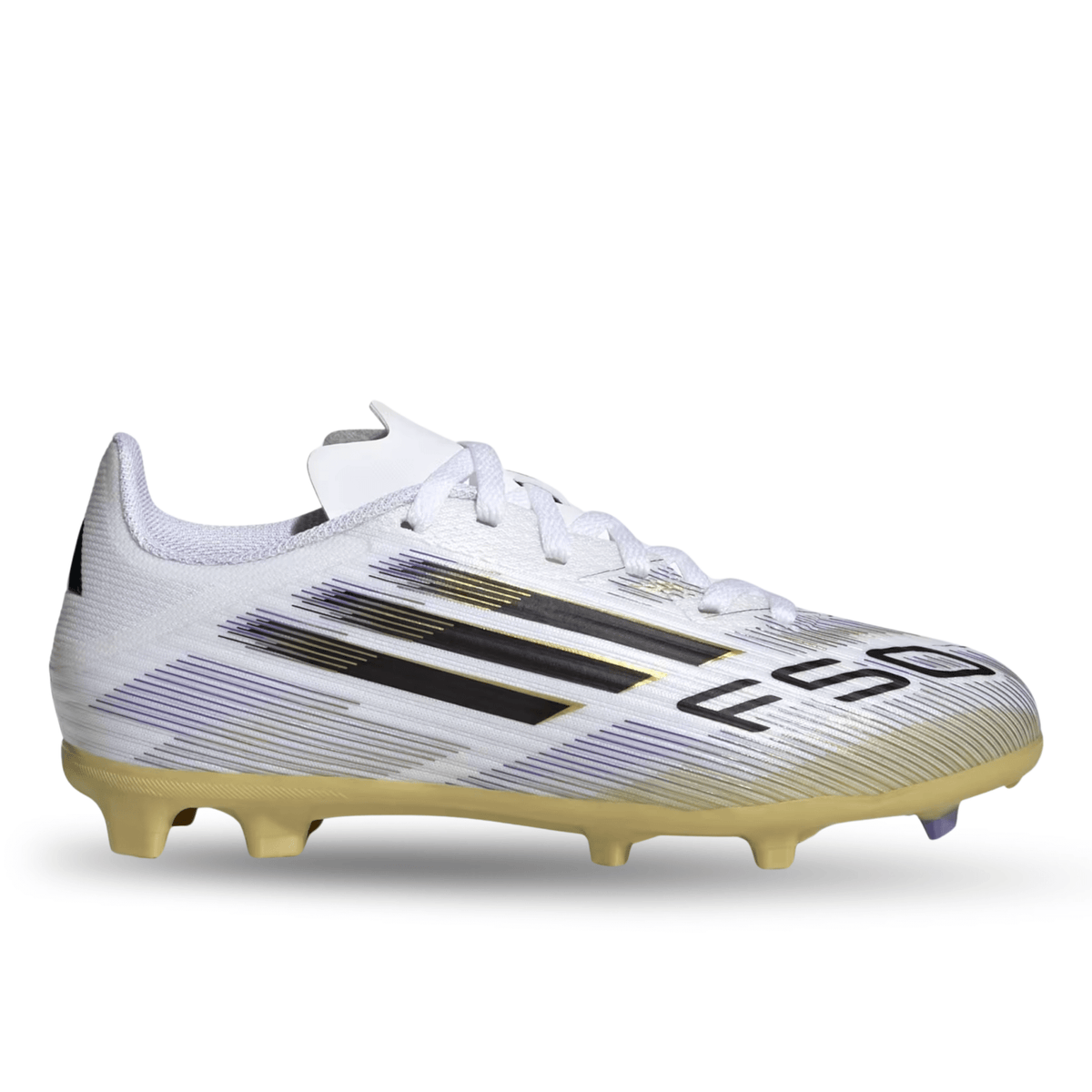 adidas Youth F50 League Firm Ground Multi Ground Jr. Soccer Cleats (White/Black/Gold Metallic) | SoccerWearhouse