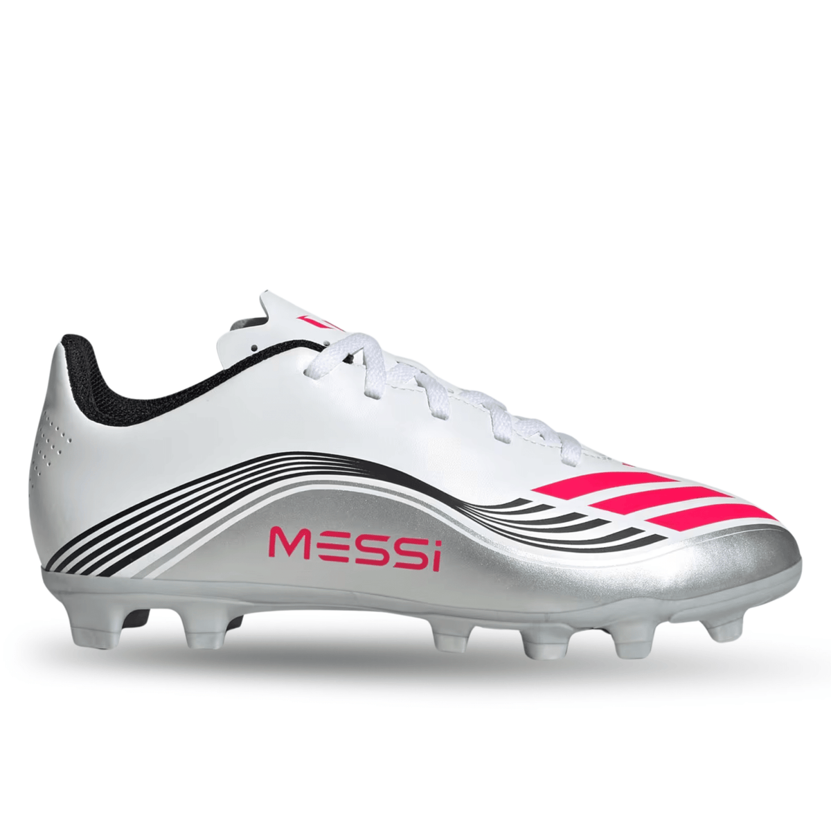 adidas Youth F50 Messi Club FG/MG Junior Soccer Cleats (White/Lucid Red/Silver Metallic) | SoccerWearhouse