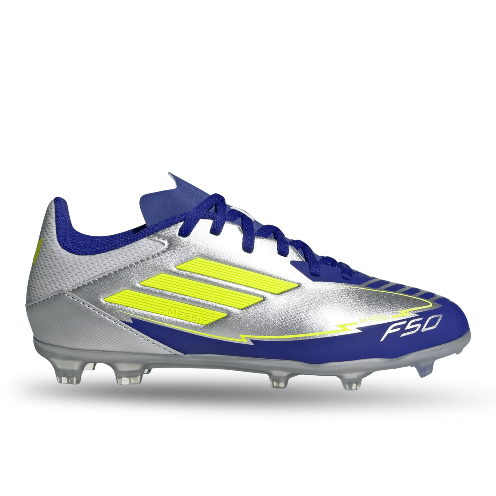 adidas Youth Jr. F50 Messi League FG/MG J Socce Cleats (Silver Metallic/Solar Yellow/Lucid Blue) | SoccerWearhouse