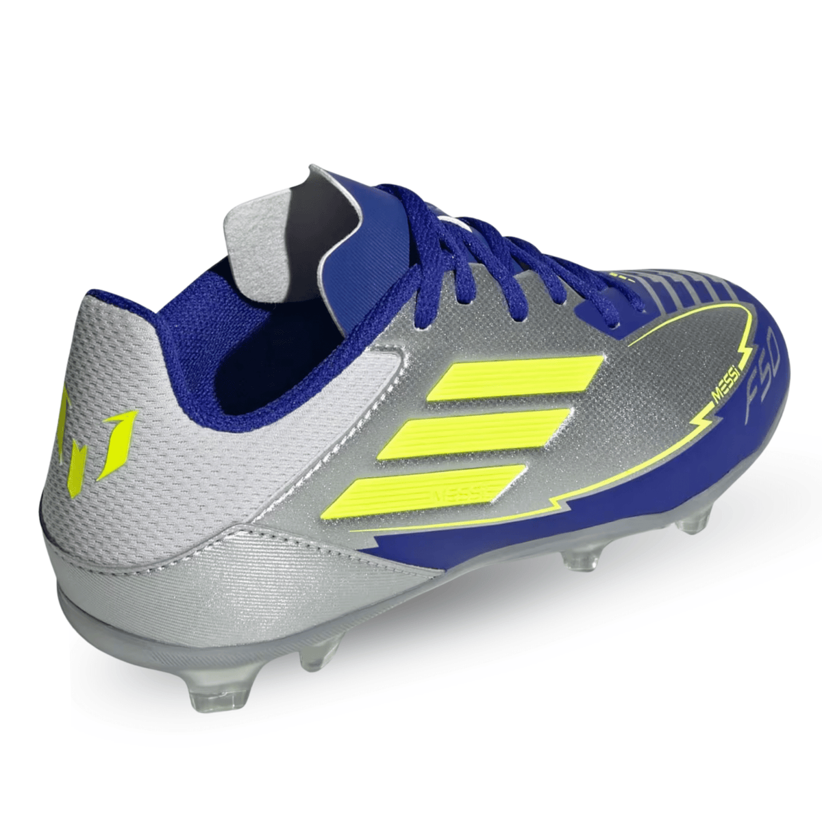 adidas Youth Jr. F50 Messi League FG/MG J Socce Cleats (Silver Metallic/Solar Yellow/Lucid Blue) | SoccerWearhouse