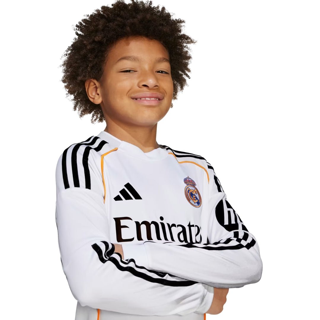 adidas Youth Real Madrid Vini Jr. Long Sleeve Home Jersey 25/26 (White) | SoccerWearhouse