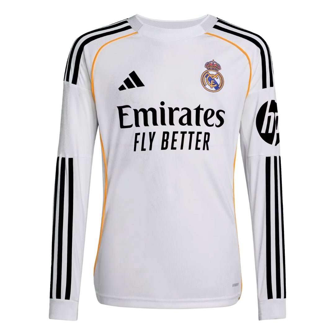 adidas Youth Real Madrid Vini Jr. Long Sleeve Home Jersey 25/26 (White) | SoccerWearhouse