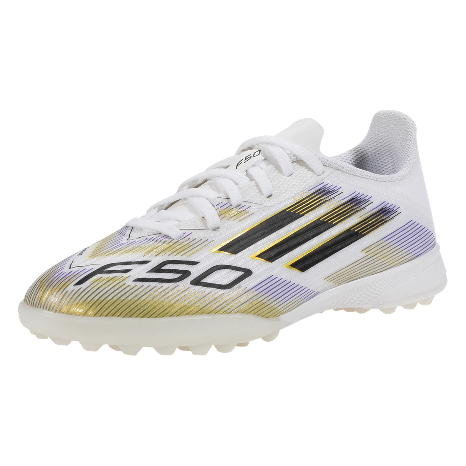adidas Youth F50 League Turf Soccer Shoes (White/Black/Gold Metallic)