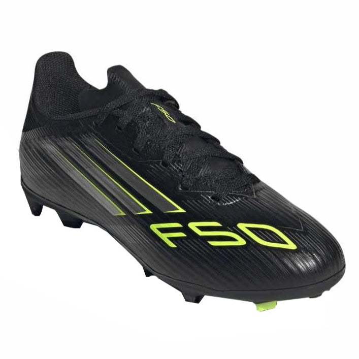 adidas Youth F50 League Firm Ground/Multi Ground Junior Soccer Cleats (Black/Iron Metallic/Lucid Lemon)