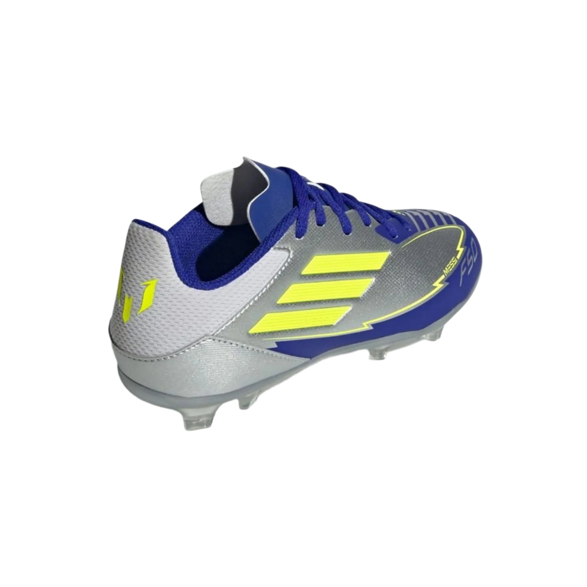 adidas Youth Jr. F50 Messi League FG/MG J Socce Cleats (Silver Metallic/Solar Yellow/Lucid Blue)