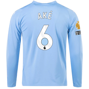 Puma Manchester City Nathan Ake Home Long Sleeve Jersey w/ EPL + No Room For Racism Patches 23/24 (Team Light Blue/Puma White)