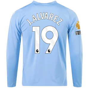 Puma Manchester City Julian Alvarez Home Long Sleeve Jersey w/ EPL + No Room For Racism + Club World Cup Patches 23/24 (Team Light Blue/Puma White)