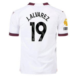 Puma Manchester City Authentic Julian Alvarez Away Jersey w/ EPL + No Room For Racism + Club World Cup Patches 23/24 (Puma White/Aubergine)