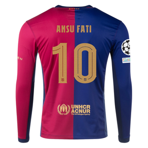 Nike Barcelona Ansu Fati Home Long Sleeve Jersey w/ Champions League Patches 24/25 (Royal/Nobel Red/Club Gold)