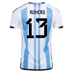 adidas Argentina Cristian Romero Three Star Home Jersey w/ World Cup Champion Patch 22/23 (White/Light Blue)