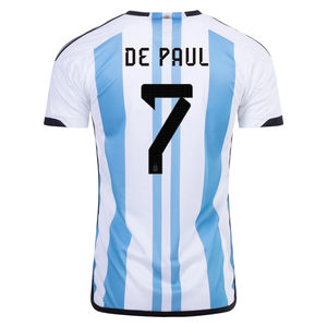 adidas Argentina Rodrigo De Paul Three Star Home Jersey w/ World Cup Champion Patch 22/23 (White/Light Blue)