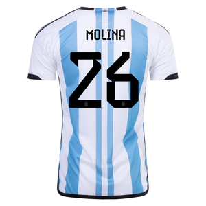 adidas Argentina Nahuel Molina Three Star Home Jersey w/ World Cup Champion Patch 22/23 (White/Light Blue)