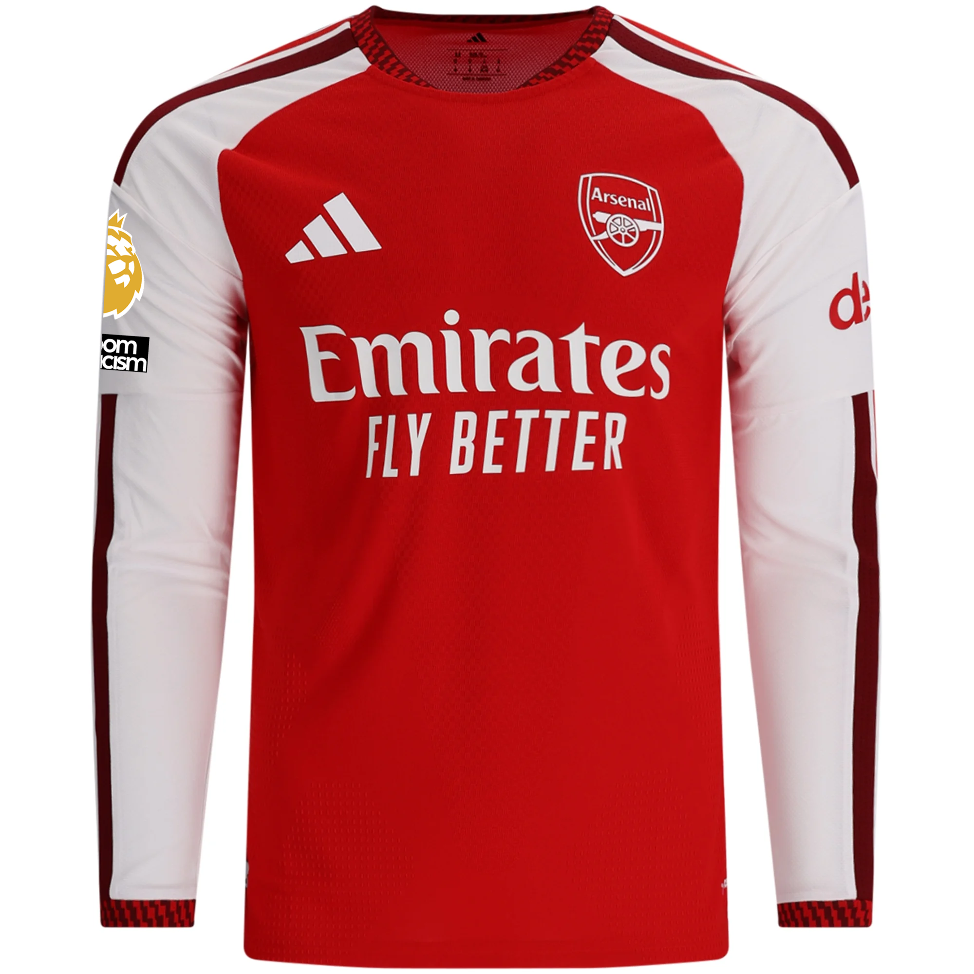 adidas Mens Arsenal Authentic Long Sleeve Home Jersey w/ EPL + No Room for Racism Patches 26/27 (Better Scarlet)