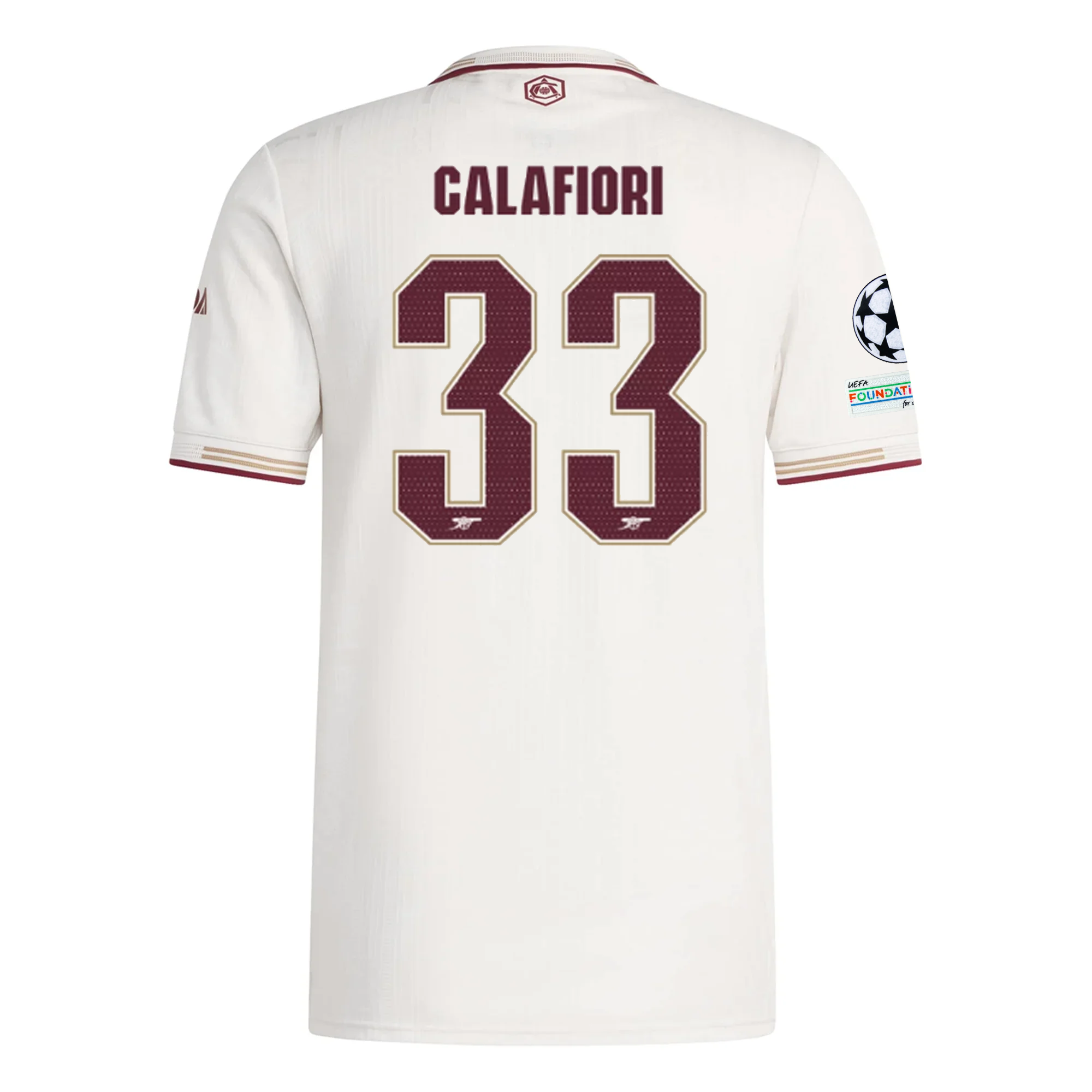 adidas Arsenal Authentic Riccardo Calafiori Third Jersey w/ Champions League Patches 25/26 (White/Burgundy)