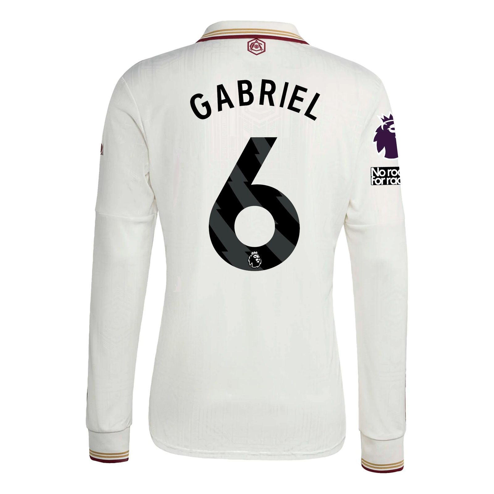 adidas Arsenal Gabriel Third Long Sleeve Jersey w/ EPL + No Room For Racism 25/26 (White/Burgundy)