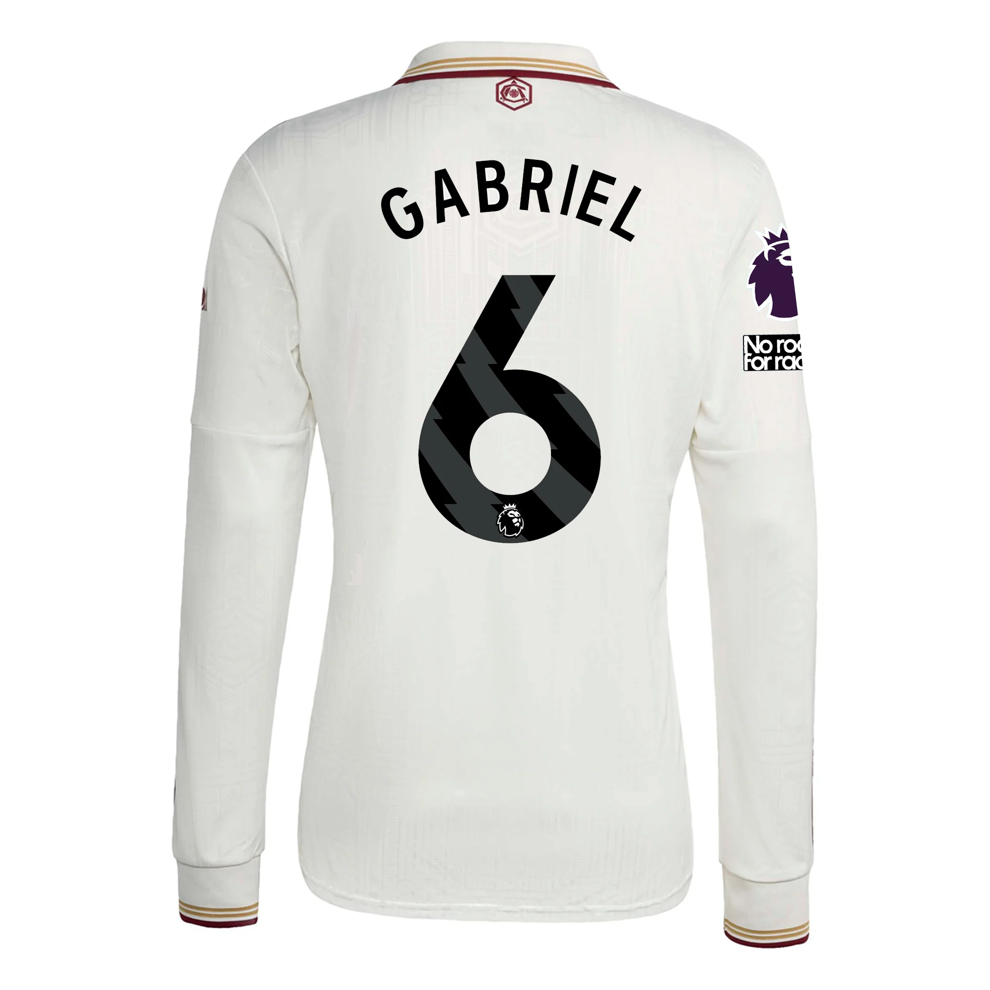 adidas Arsenal Gabriel Third Long Sleeve Jersey w/ EPL + No Room For Racism 25/26 (White/Burgundy)