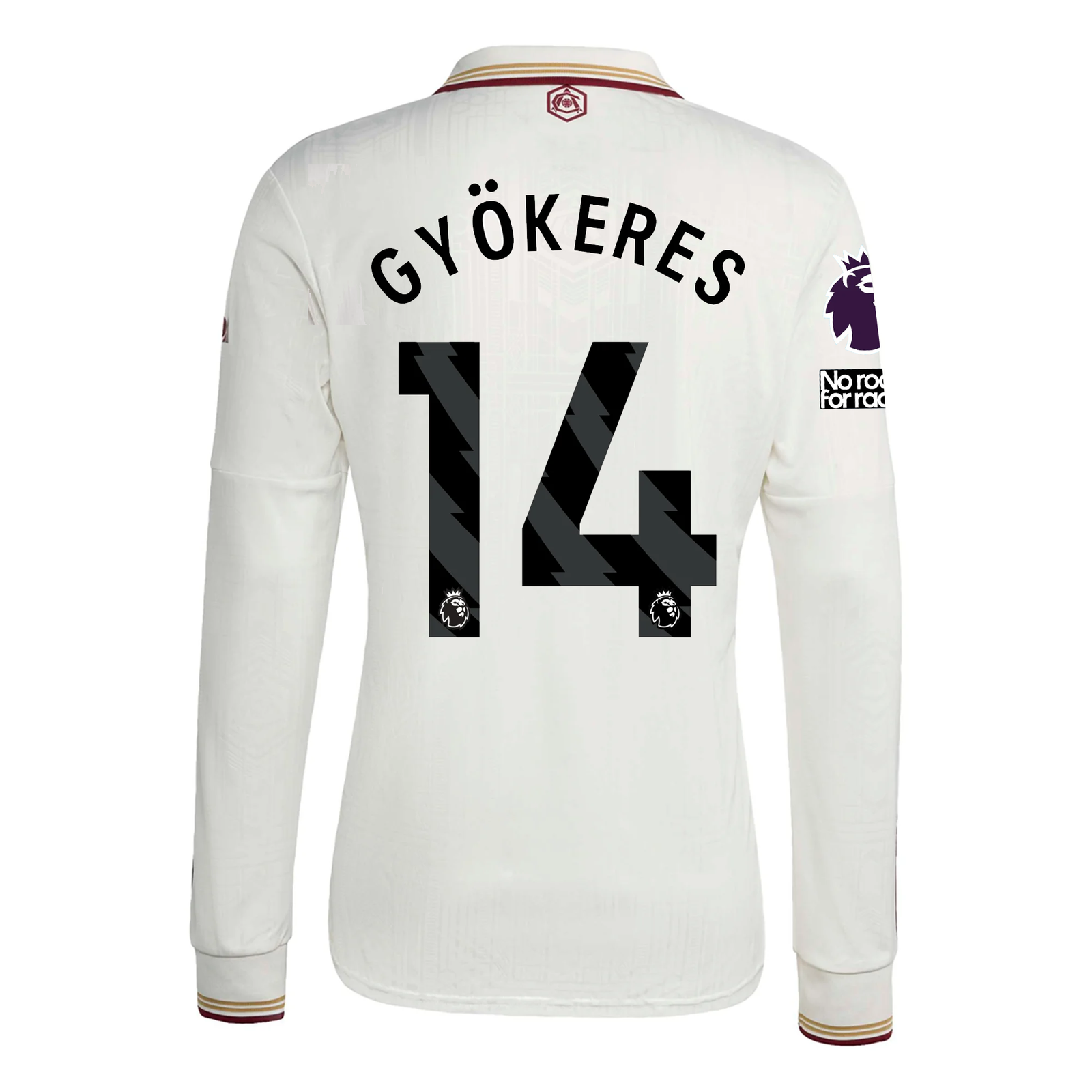adidas Arsenal Viktor Gyökeres Third Long Sleeve Jersey w/ EPL + No Room For Racism 25/26 (White/Burgundy)