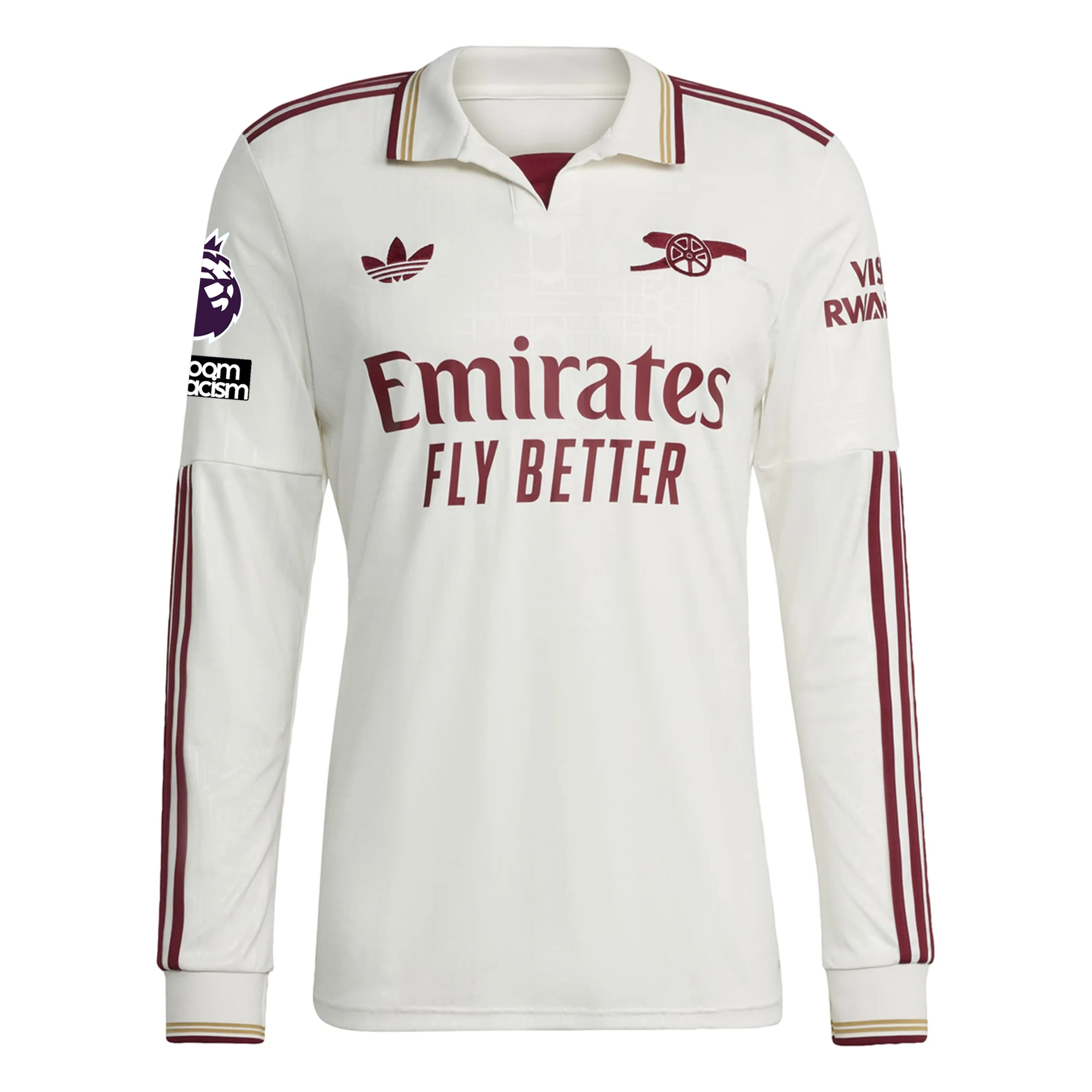 adidas Arsenal Bukayo Saka Third Long Sleeve Jersey w/ EPL + No Room For Racism 25/26 (White/Burgundy)