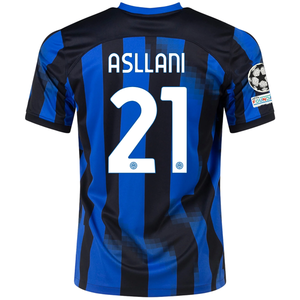 Nike Inter Milan Kristjan Asllani Home Jersey w/ Champions League + Copa Italia Patches 23/24 (Lyon Blue/Black/Vibrant Yellow)