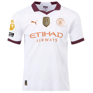 Puma Manchester City Authentic Akanji Away Jersey w/ EPL + No Room For Racism + Club World Cup Patches 23/24 (Puma White/Aubergine)