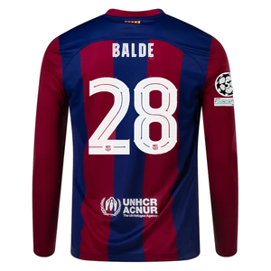 Nike Barcelona Home Alejandro Balde Long Sleeve Jersey w/ Champions League Patches 23/24  (Deep Royal/Noble Red)