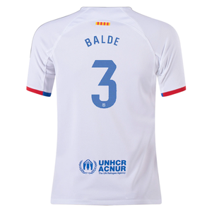 Nike Youth Barcelona Alejandro Balde Away Jersey 23/24 (White/Royal Blue)