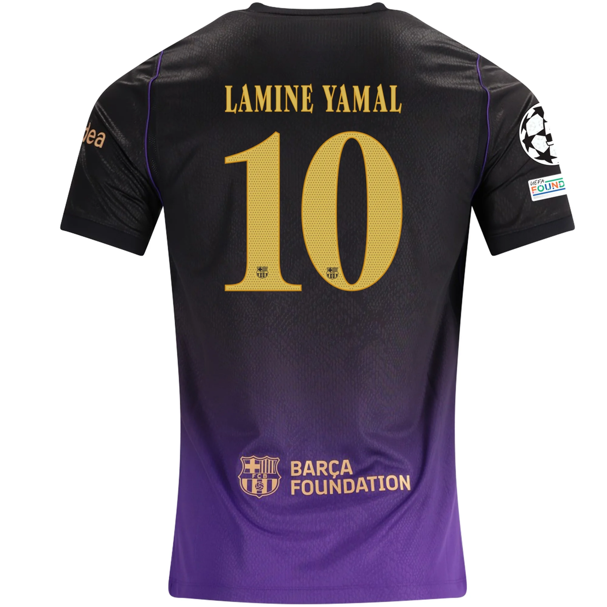 Nike Mens Barcelona Lamine Yamal Match Authentic Away Jersey w/ Champions League 26/27 (Purple/Metallic Gold)