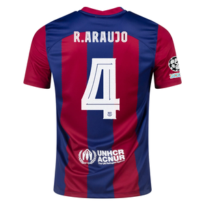 Nike Barcelona Ronald Araujo Home Jersey 23/24 w/ Champions League Patches (Noble Red/Loyal Blue)