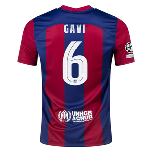 Nike Barcelona Gavi Home Jersey 23/24 w/ Champions League Patches (Noble Red/Loyal Blue)