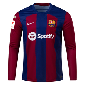 Nike Barcelona Frenkie de Jong Home Long Sleeve Jersey 23/24 w/ La Liga Champions Patches (Deep Royal/Noble Red)
