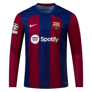 Nike Barcelona Home Ronaldo Araujo Long Sleeve Jersey w/ Champions League Patches 23/24  (Deep Royal/Noble Red)
