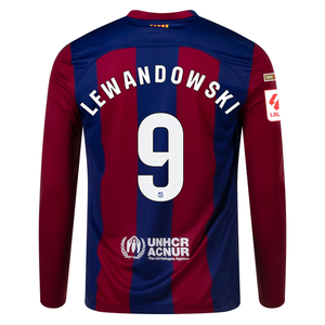 Nike Barcelona Robert Lewandowski Home Long Sleeve Jersey 23/24 w/ La Liga Champions Patches (Deep Royal/Noble Red)